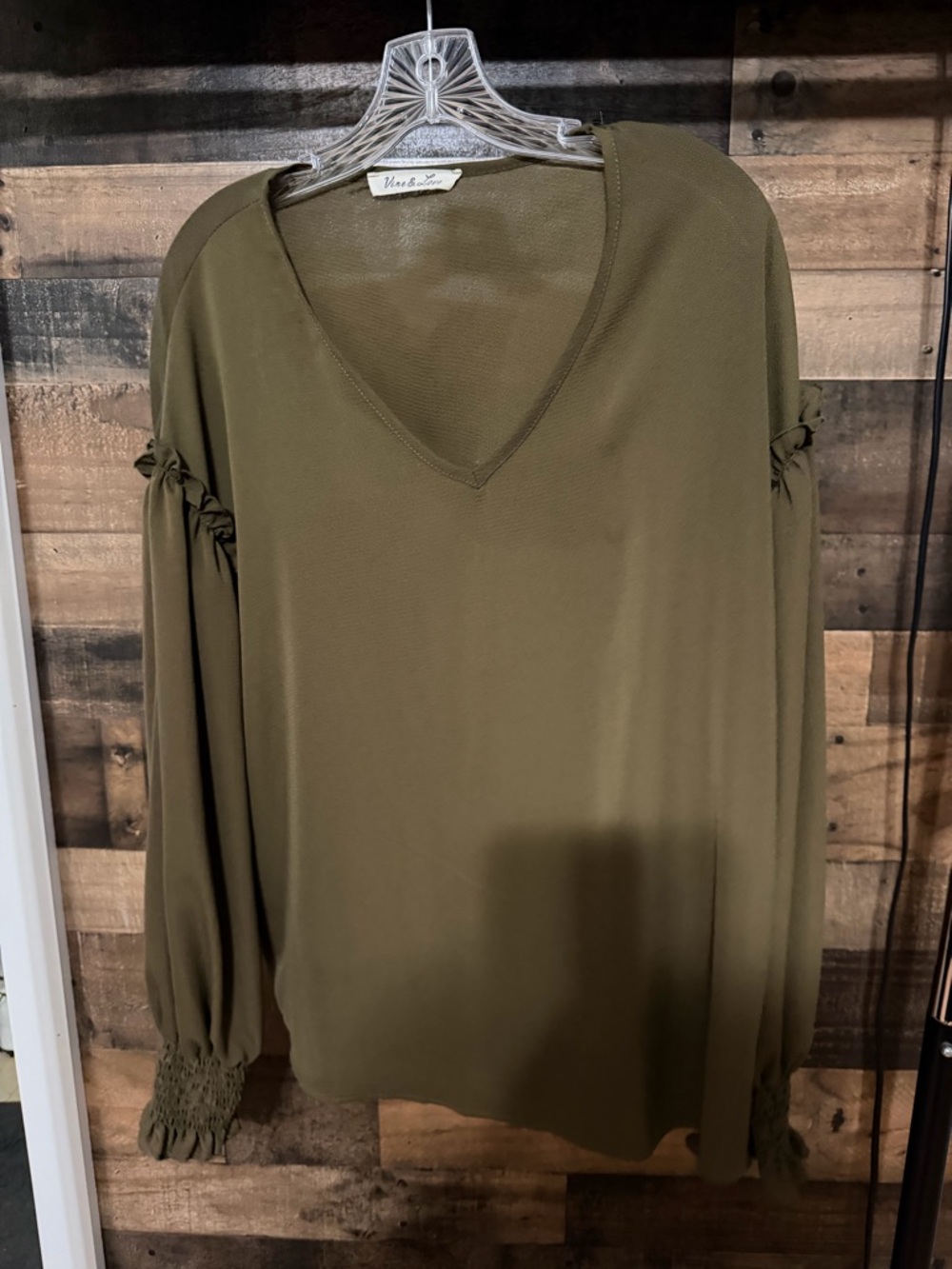 Vine and Love V-Neck Olive Green Women’s Blouse with Smocked Cuffs